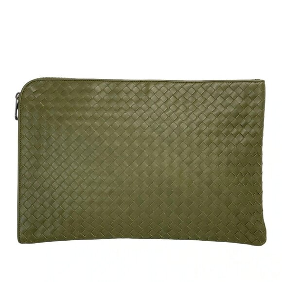 Auth BOTTEGA VENETA Intrecciato - Khaki Leather B********* Clutch Bag - Picture 2 of 16